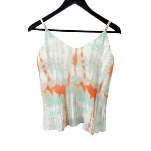 She + Sky Blue Orange Watercolor Pleated Spagetti Strap Tank Top Blouse